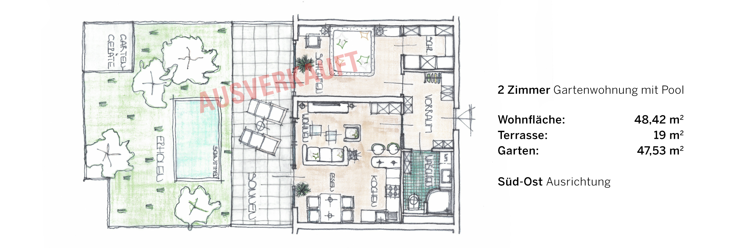 2 Zimmer Gartenwohnung mit Pool